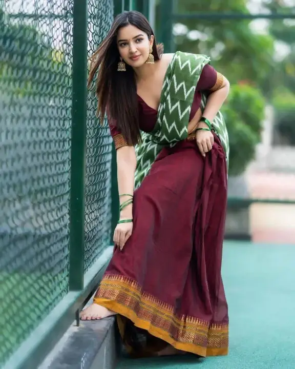 Indian Actress Pujita Ponnada in Traditional Maroon Lehenga Choli